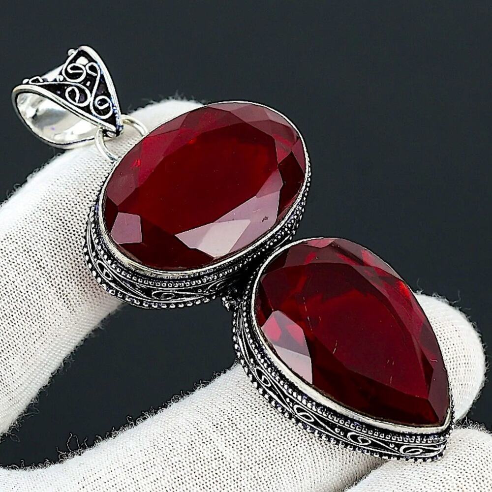 Antique Ruby Pendant Necklace, Sterling Silver, Double Gemstone, Stateme…